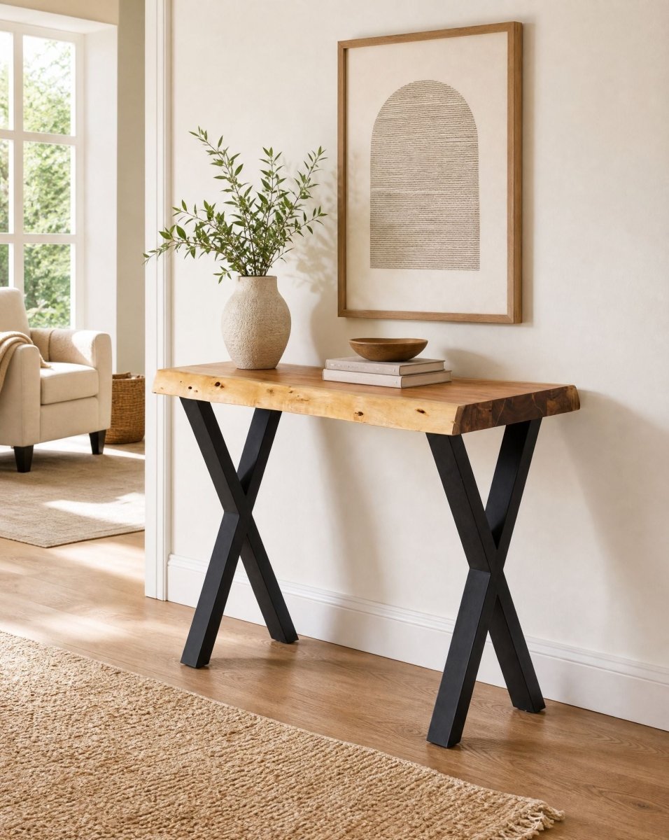 Acacia Wood Live Edge X Legs Console Table - Art and craft furniture