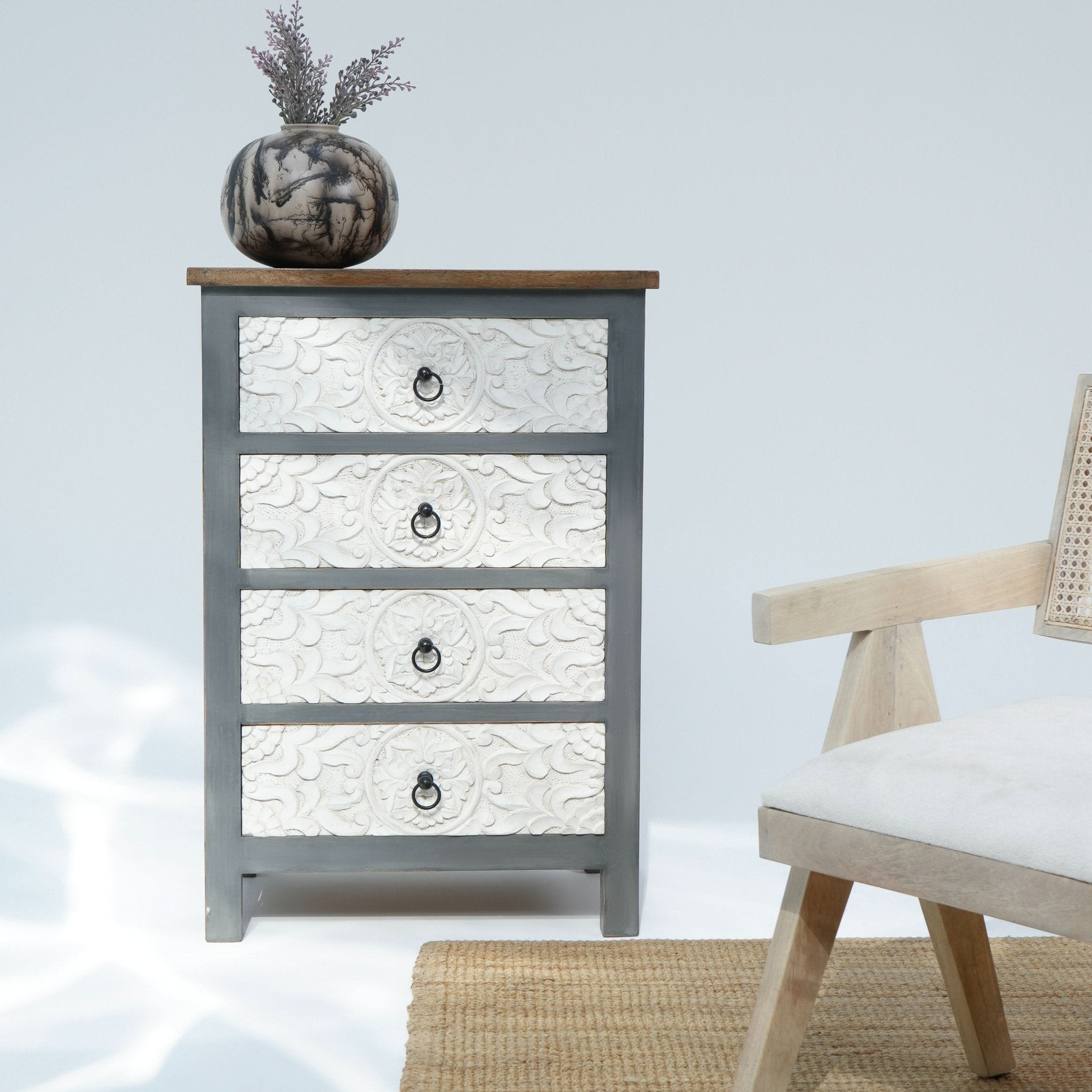 ALBURY FOUR DRAWER CARVED CHEST OF DRAWERS - Art and craft furniture