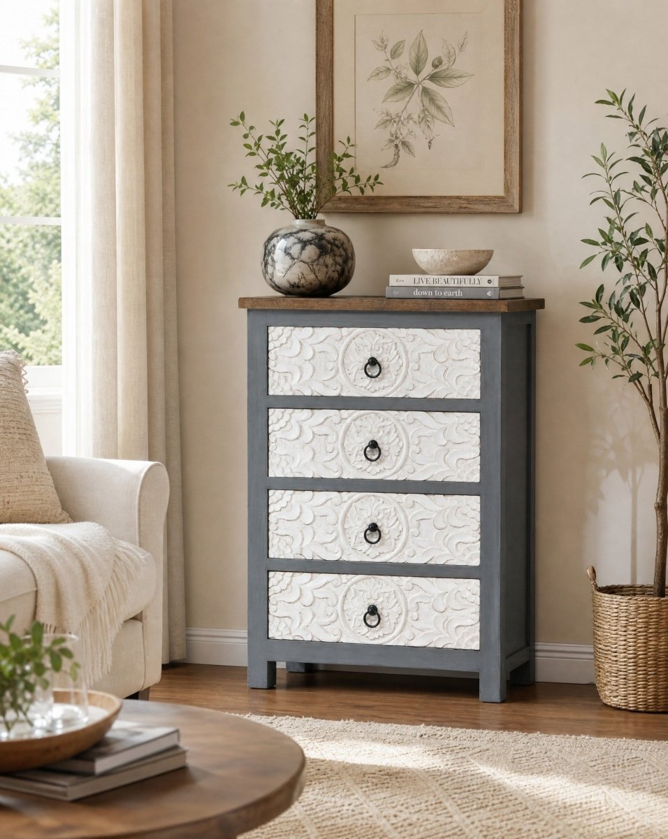 Albury Mango wood Carved Chest of Drawers - Art and craft furniture