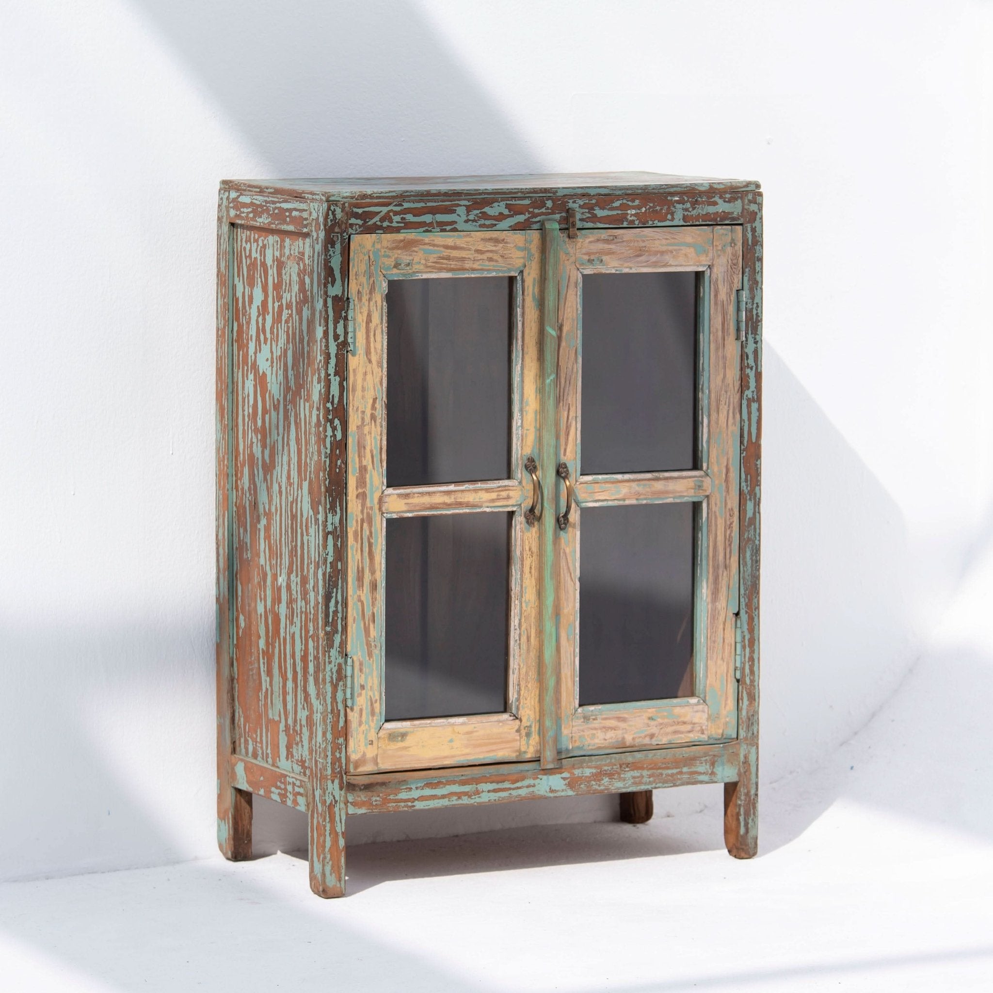 Antique Glass Door Cabinet Rustic Finish - Art and craft furniture