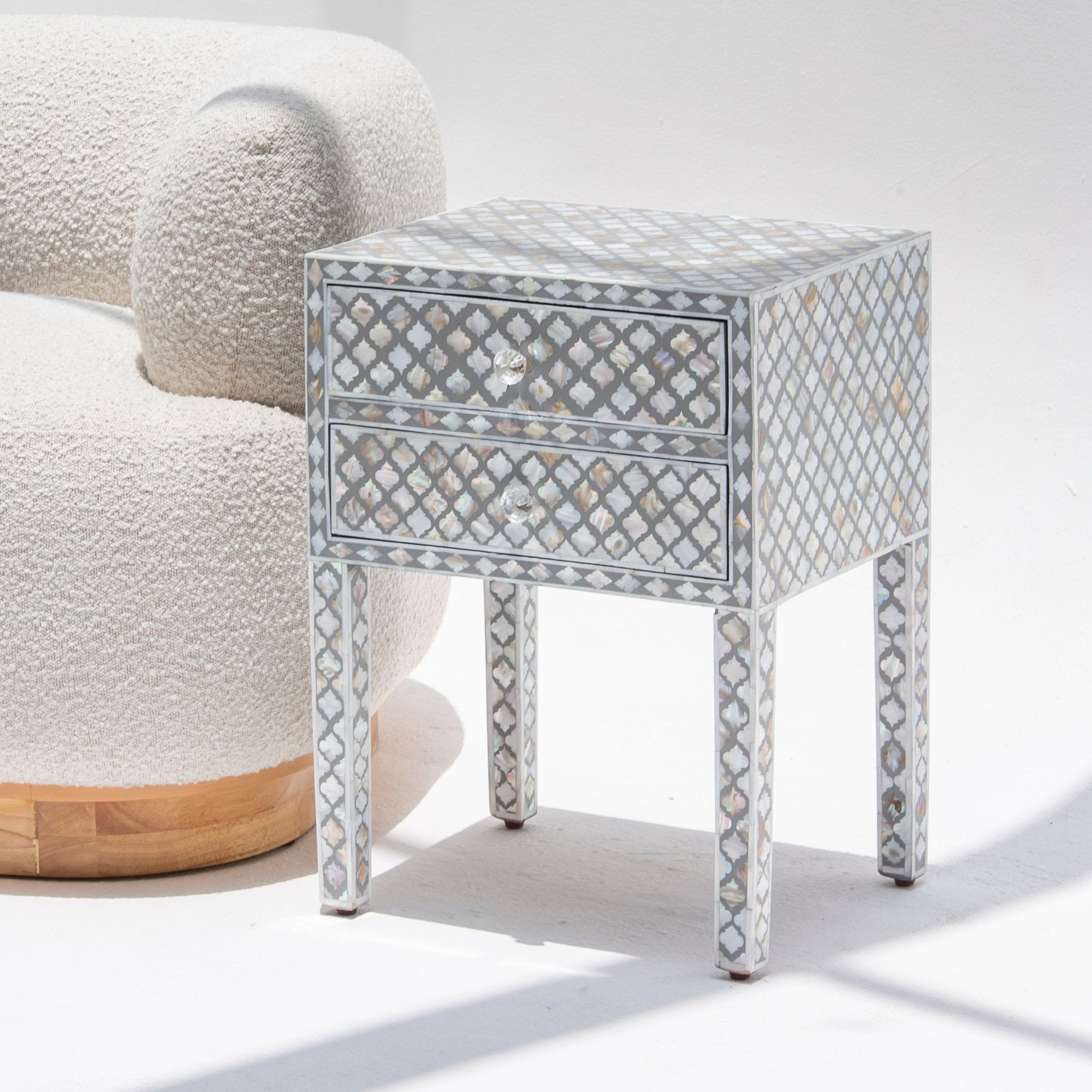 ARCTIC-GREY MOTHER OF PEARL TWO DRAWER BEDSIDE TABLE - Art and craft furniture