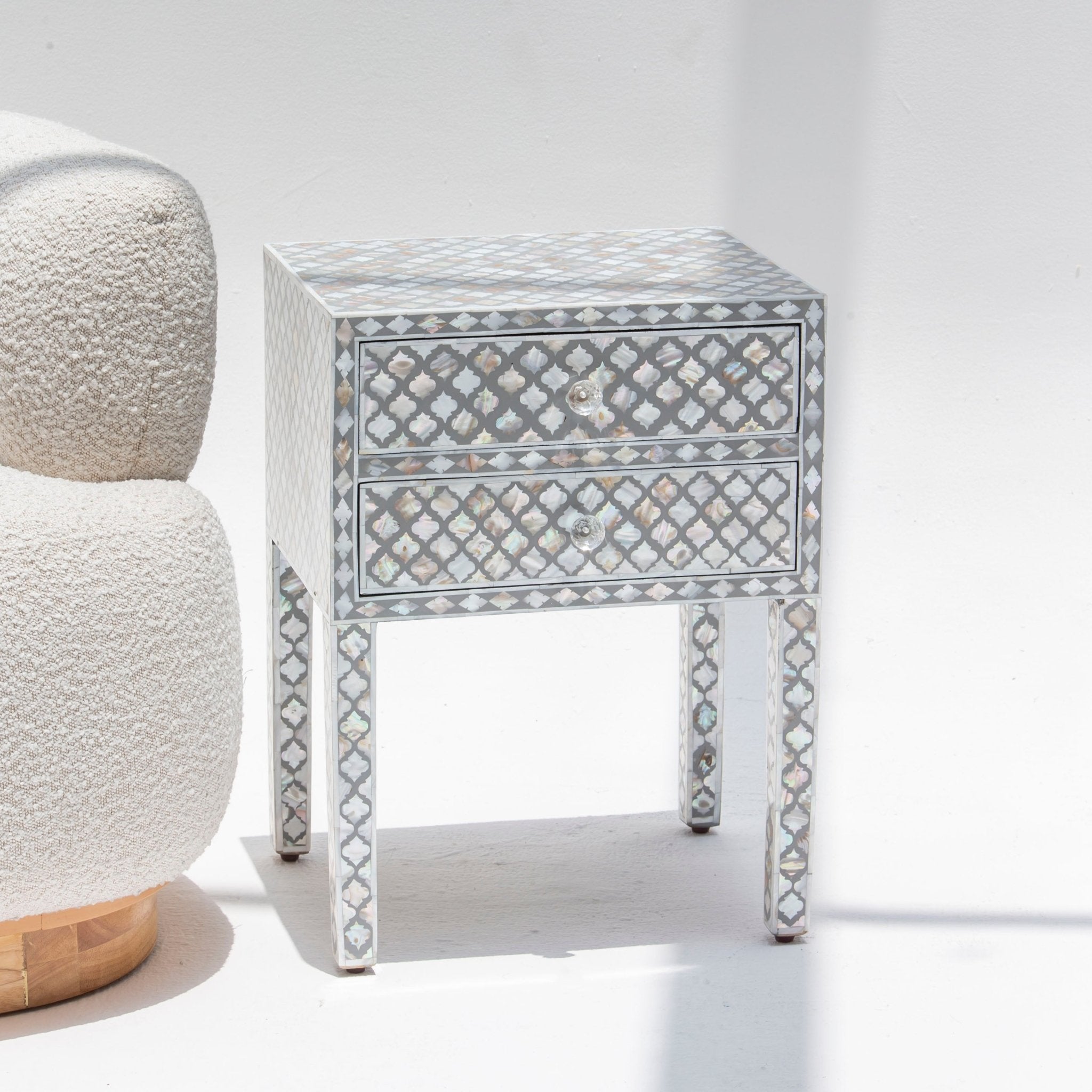 ARCTIC-GREY MOTHER OF PEARL TWO DRAWER BEDSIDE TABLE - Art and craft furniture