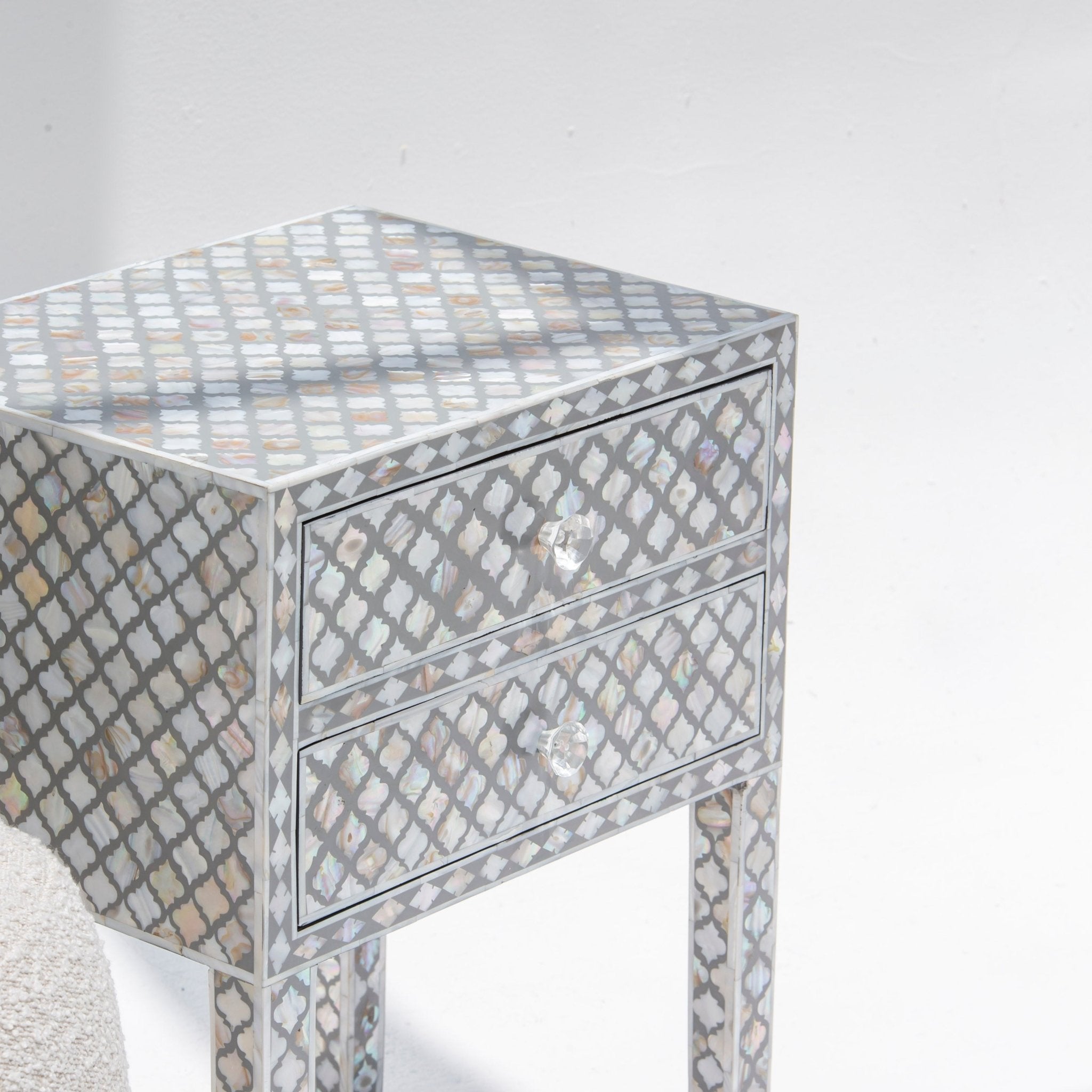 ARCTIC-GREY MOTHER OF PEARL TWO DRAWER BEDSIDE TABLE - Art and craft furniture