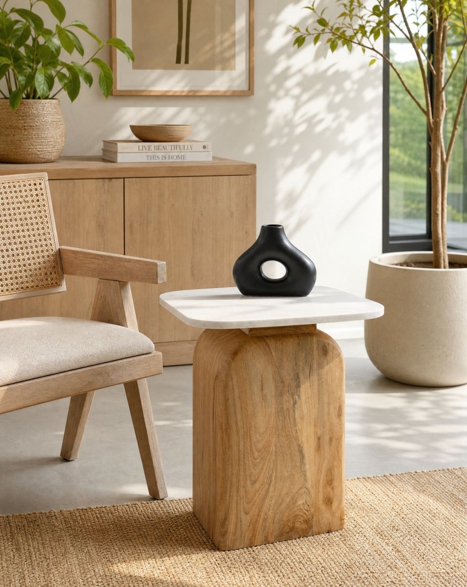 Arlena Wooden Marble Top Side Table - Art and craft furniture