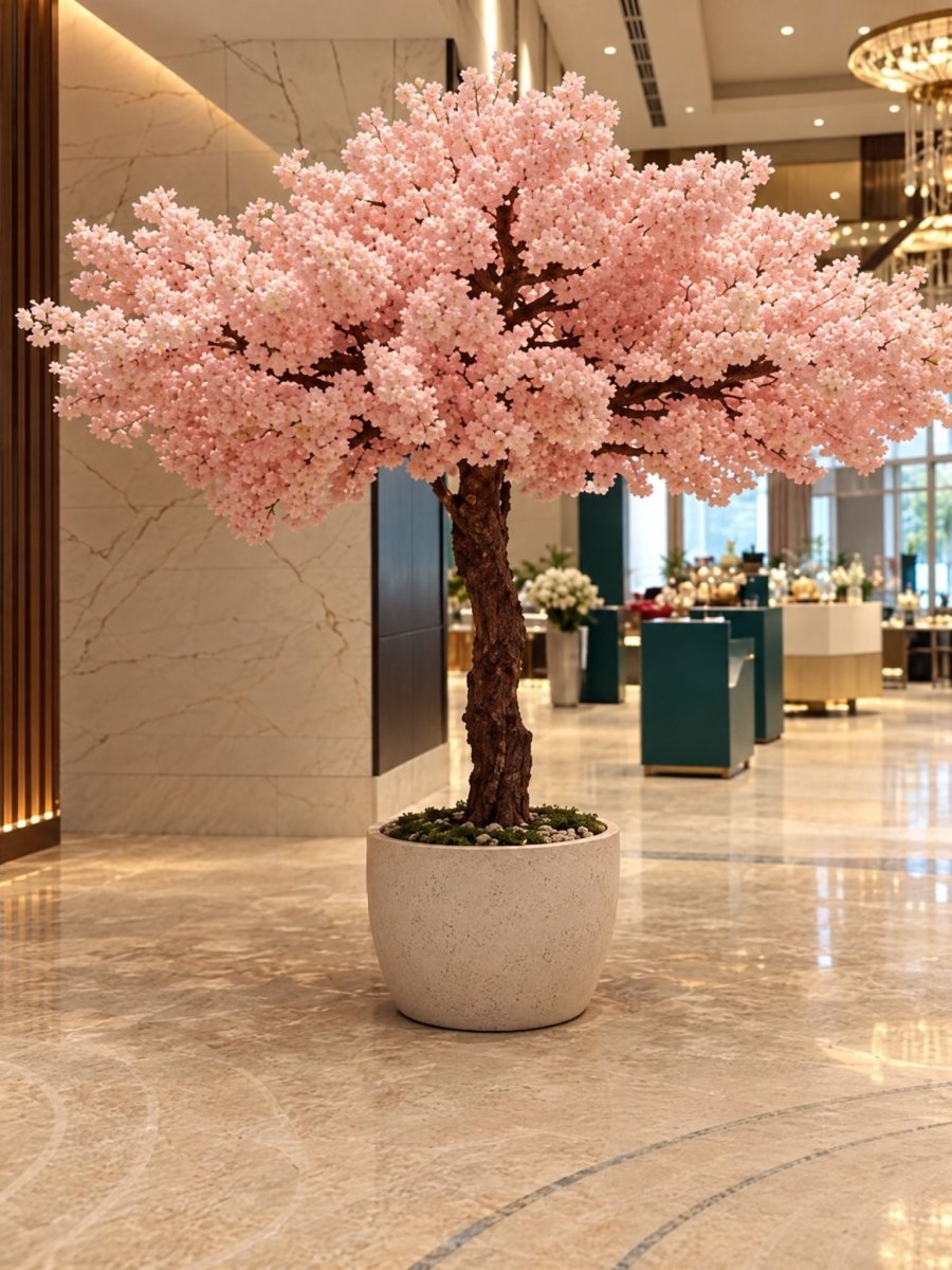 Artificial Fiber Trunk Cherry Blossom Flower Tree and White pot - Art and craft furniture