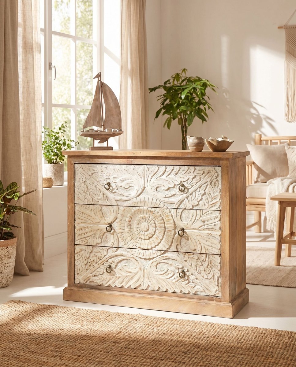 Artisan Crafted Carved Chest of Drawer - Art and craft furniture