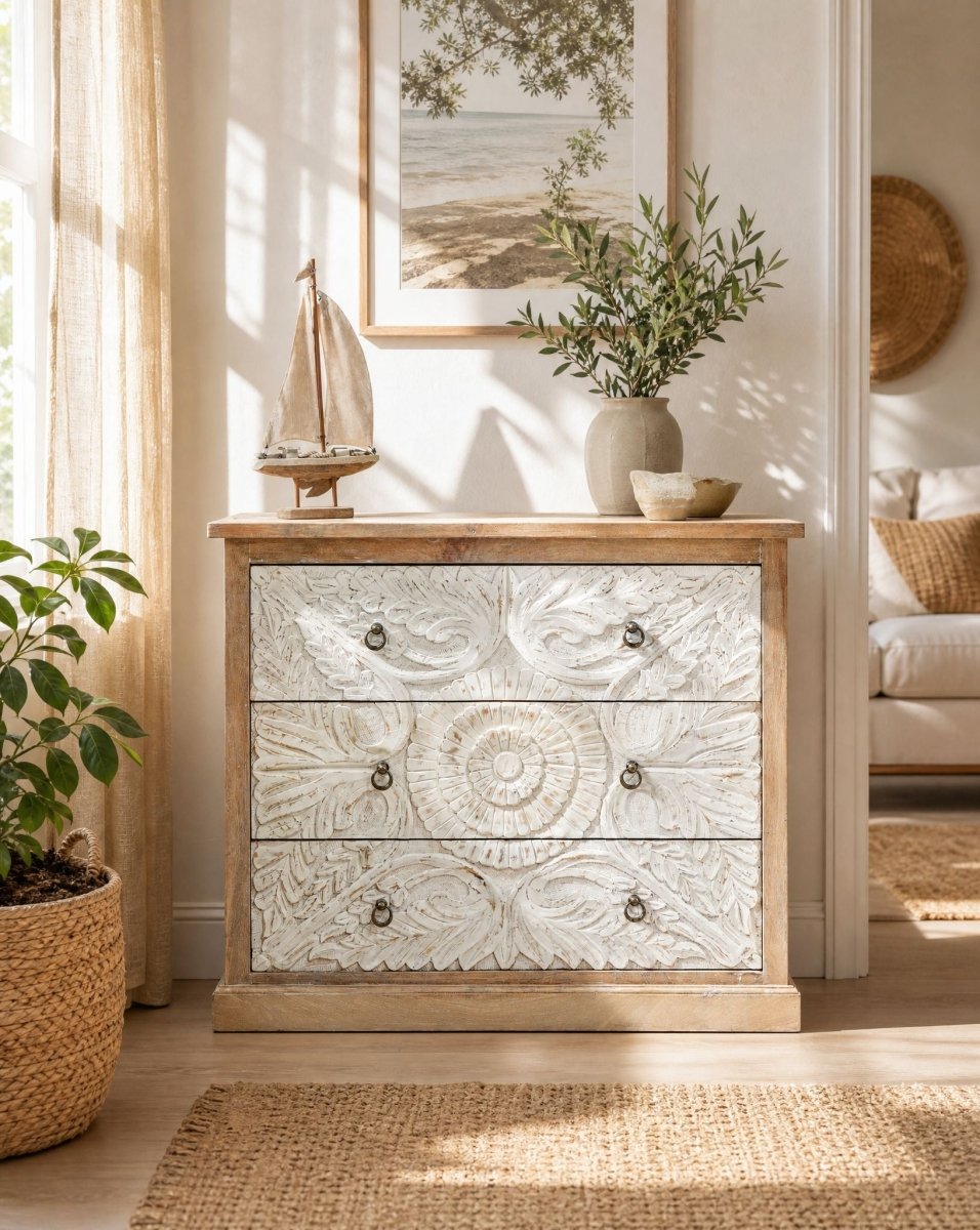 Artisan Crafted Carved Chest of Drawer - Art and craft furniture