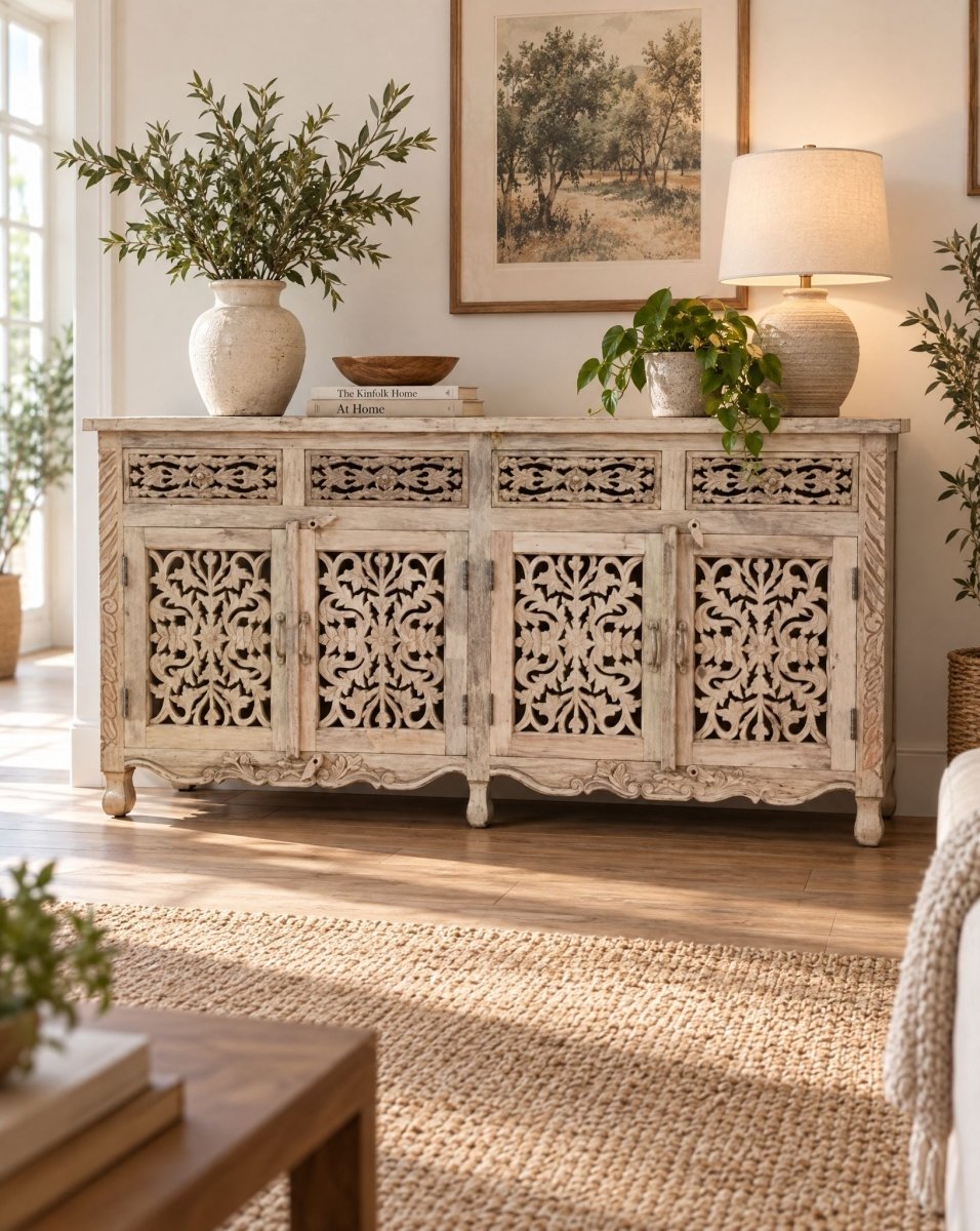 Arvena 4 Drawer 4 Door Mango Wood Sideboard Cabinet - Art and craft furniture