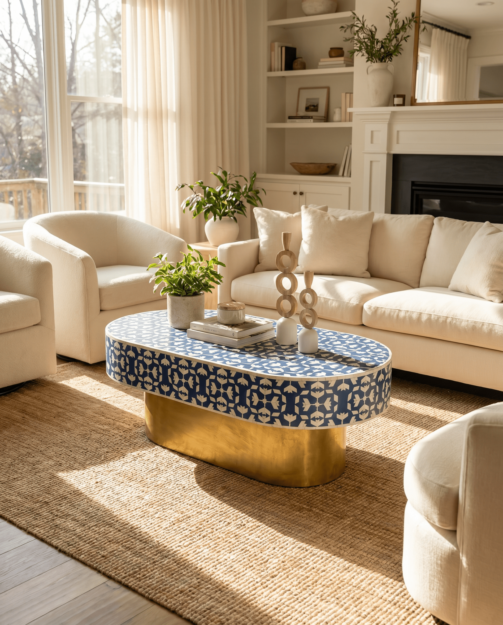 AURELIA BLUE INLAY OVAL COFFEE TABLE - Art and craft furniture