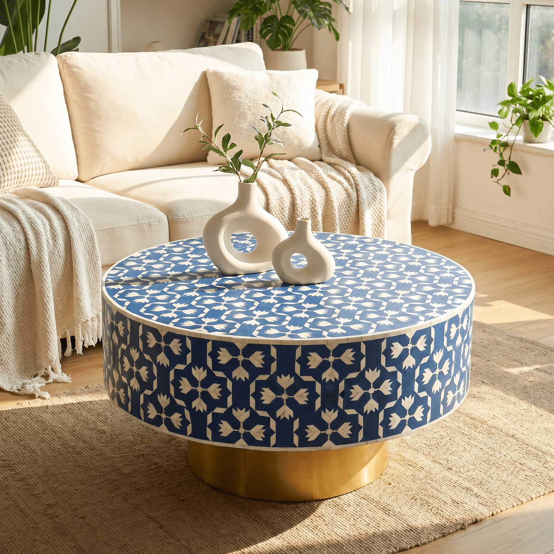 AURELIA BLUE INLAY ROUND COFFEE TABLE - Art and craft furniture
