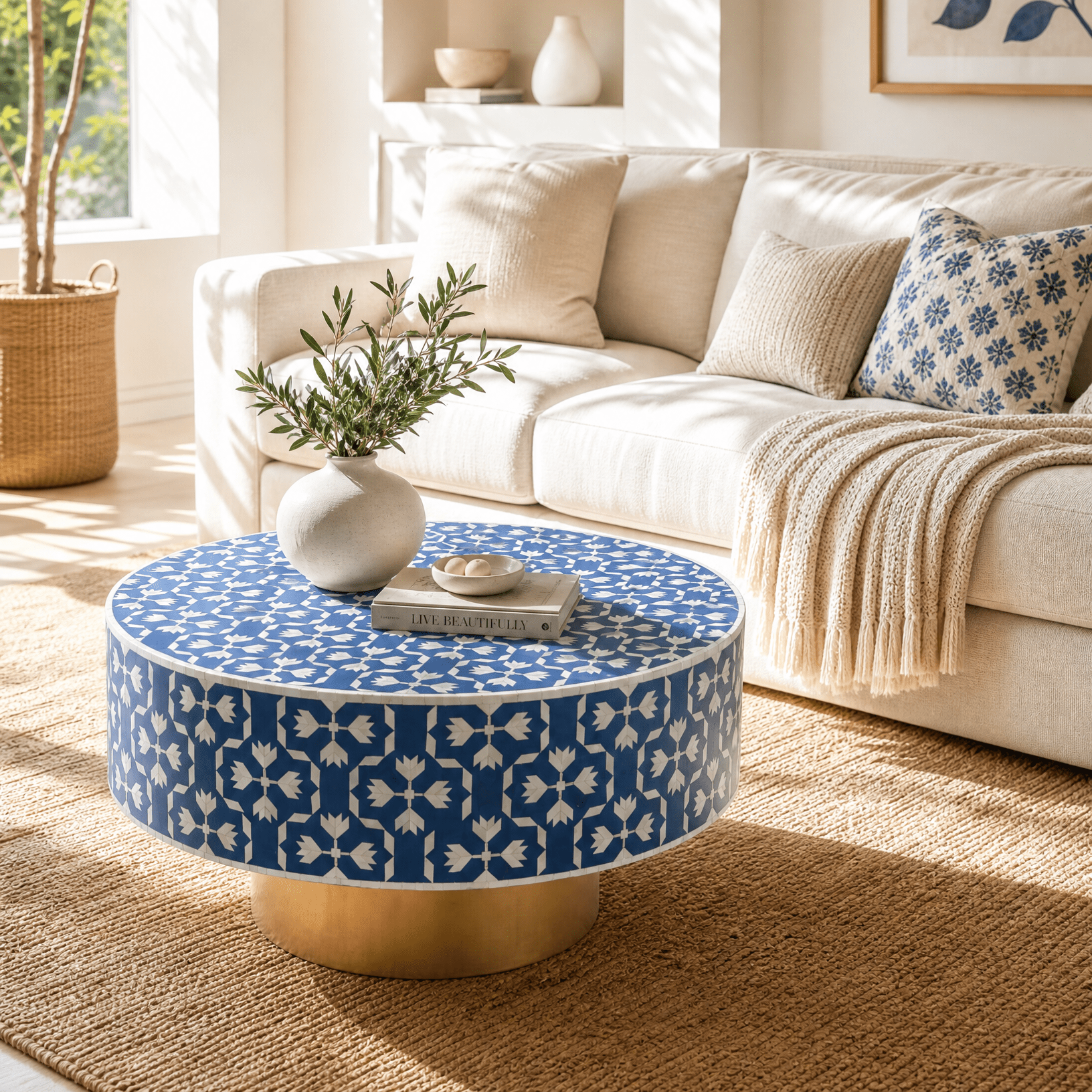 AURELIA BLUE INLAY ROUND COFFEE TABLE - Art and craft furniture