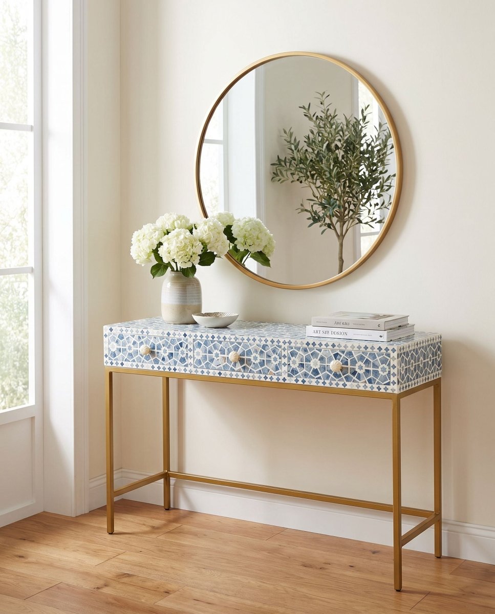 Aurelia Blue Inlay Three Drawer Console Table - Art and craft furniture