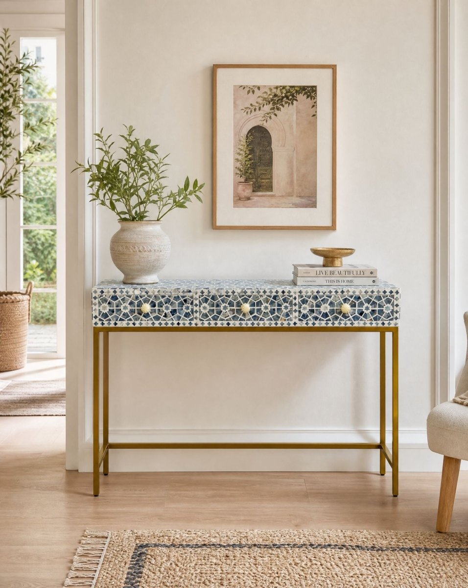 Aurelia Blue Inlay Three Drawer Console Table - Art and craft furniture