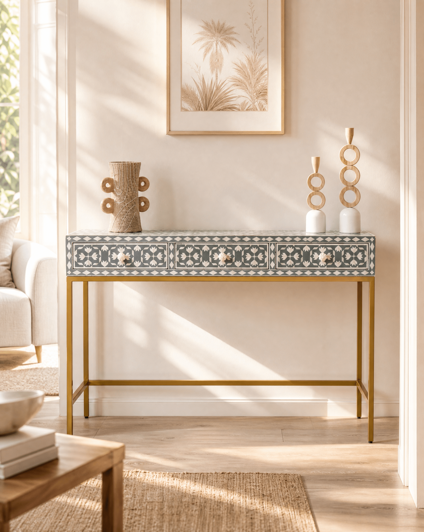 AURELIA-GREY INLAY THREE DRAWER CONSOLE TABLE - Art and craft furniture