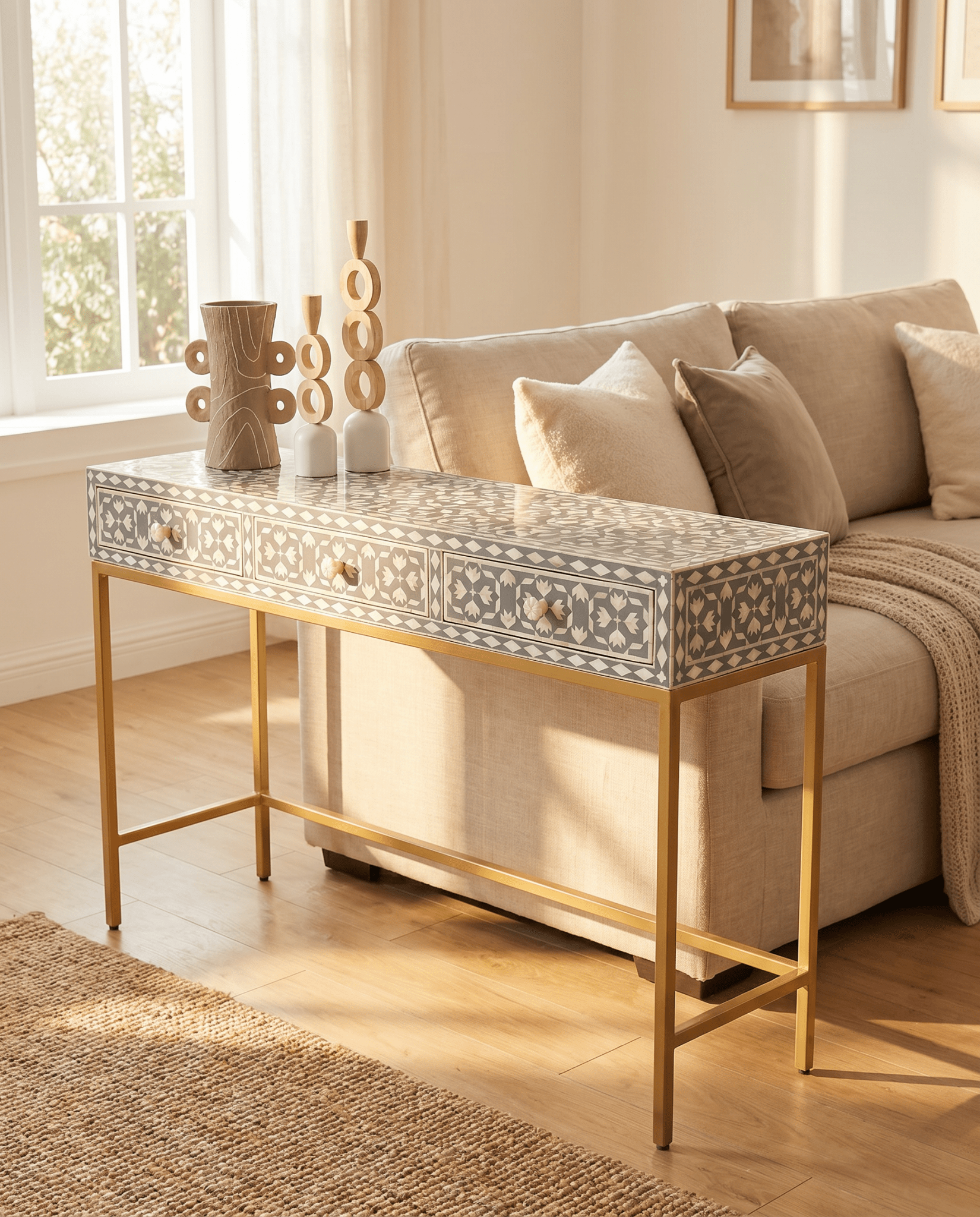 AURELIA-GREY INLAY THREE DRAWER CONSOLE TABLE - Art and craft furniture