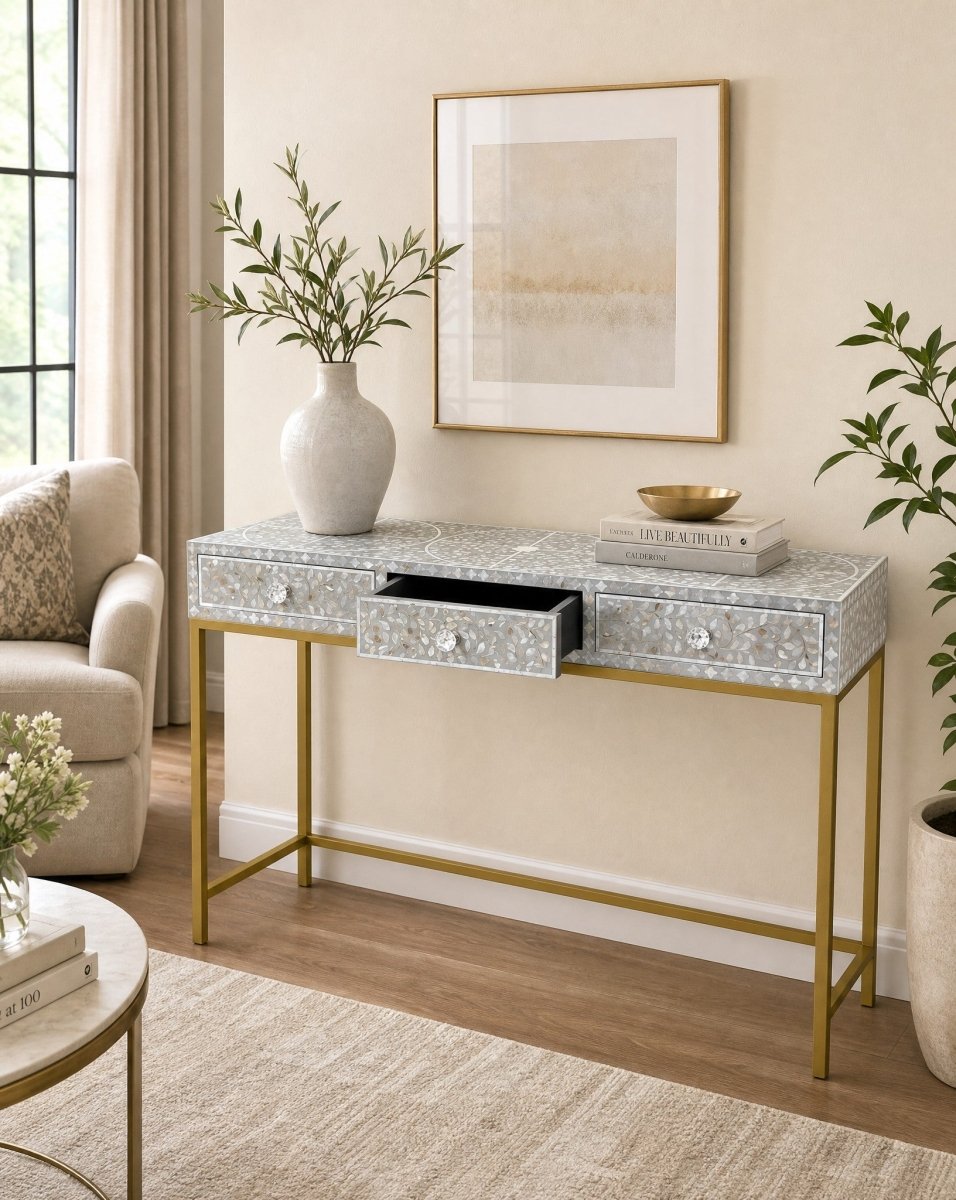 Aurelia Grey Mother of pearl Console Table - Art and craft furniture