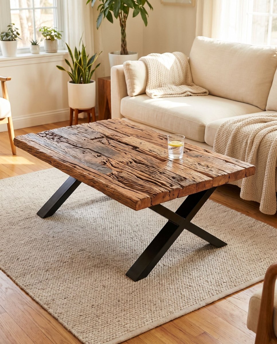Calisto Railway Wood X Leg Coffee Table - Art and craft furniture