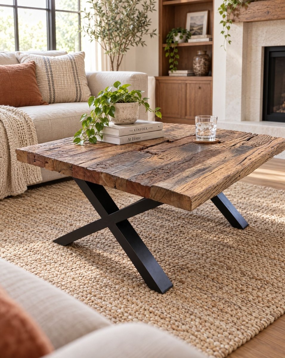 Calisto Railway Wood X Leg Coffee Table - Art and craft furniture