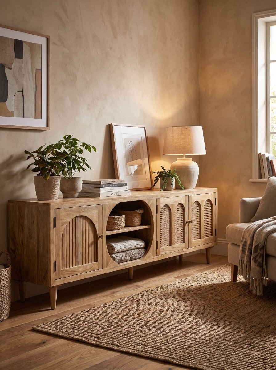 Canova Mango Wood Rattan TV Stand - Art and craft furniture