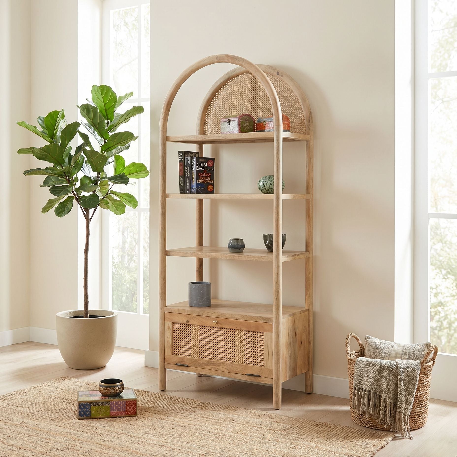 Canovia Rattan Wooden BookShelve - Art and craft furniture