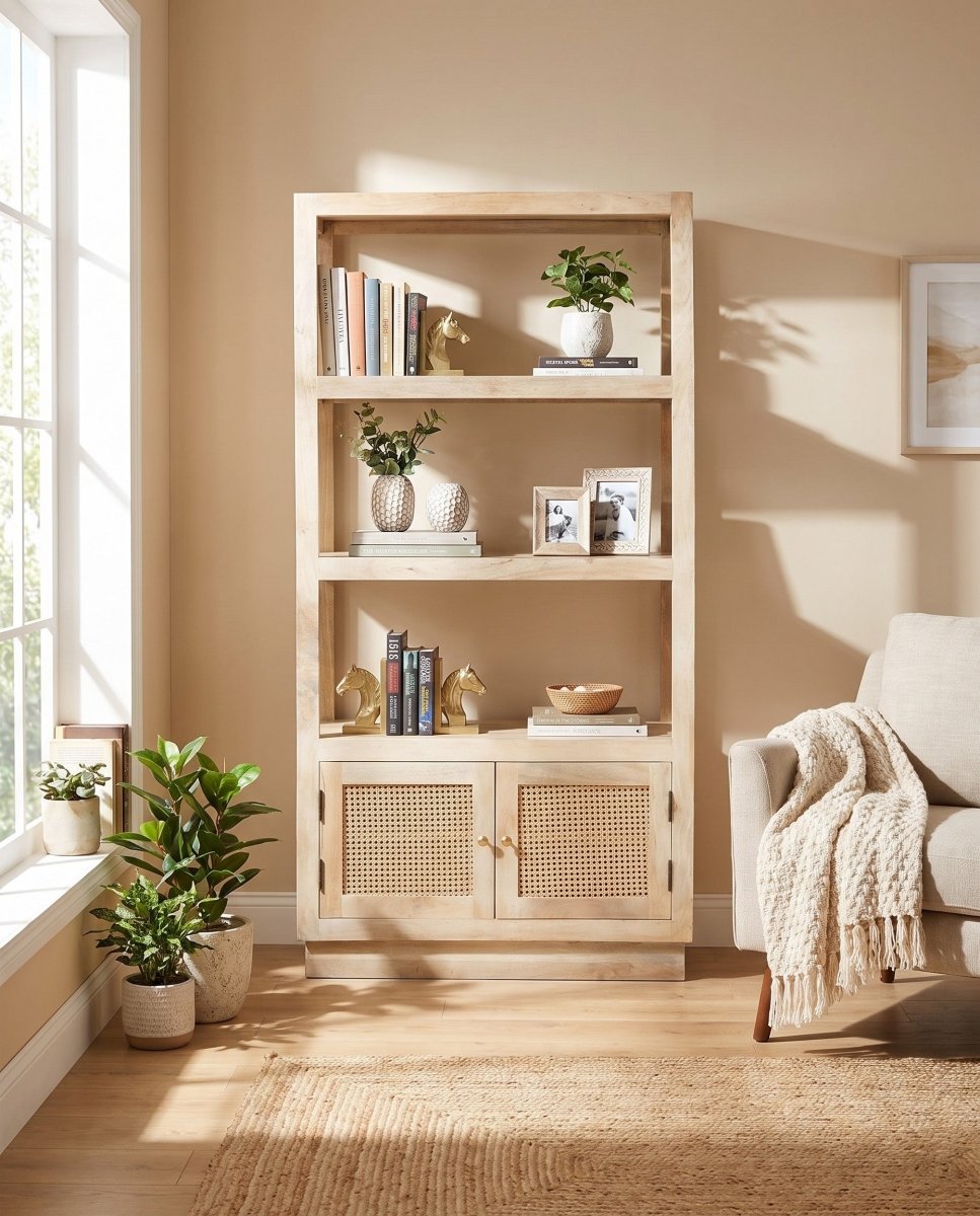 Canovia Wooden Rattan Two Door Bookshelf - Art and craft furniture