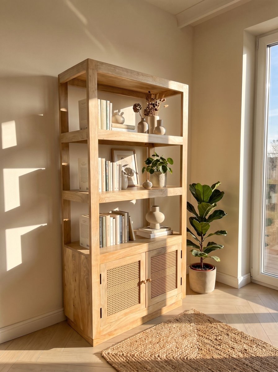Canovia Wooden Rattan Two Door Bookshelf - Art and craft furniture