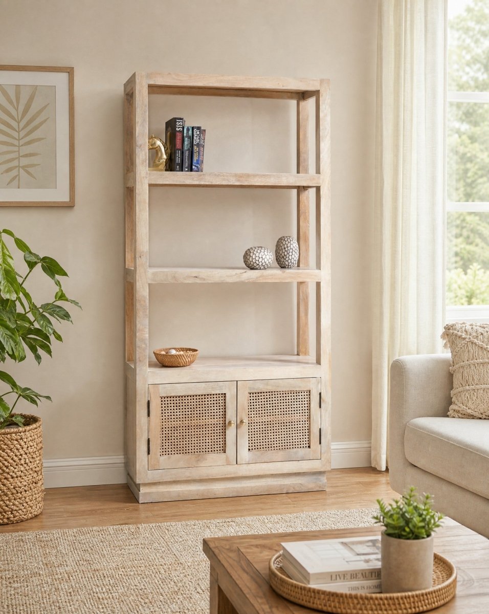 Canovia Wooden Rattan Two Door Bookshelf - Art and craft furniture