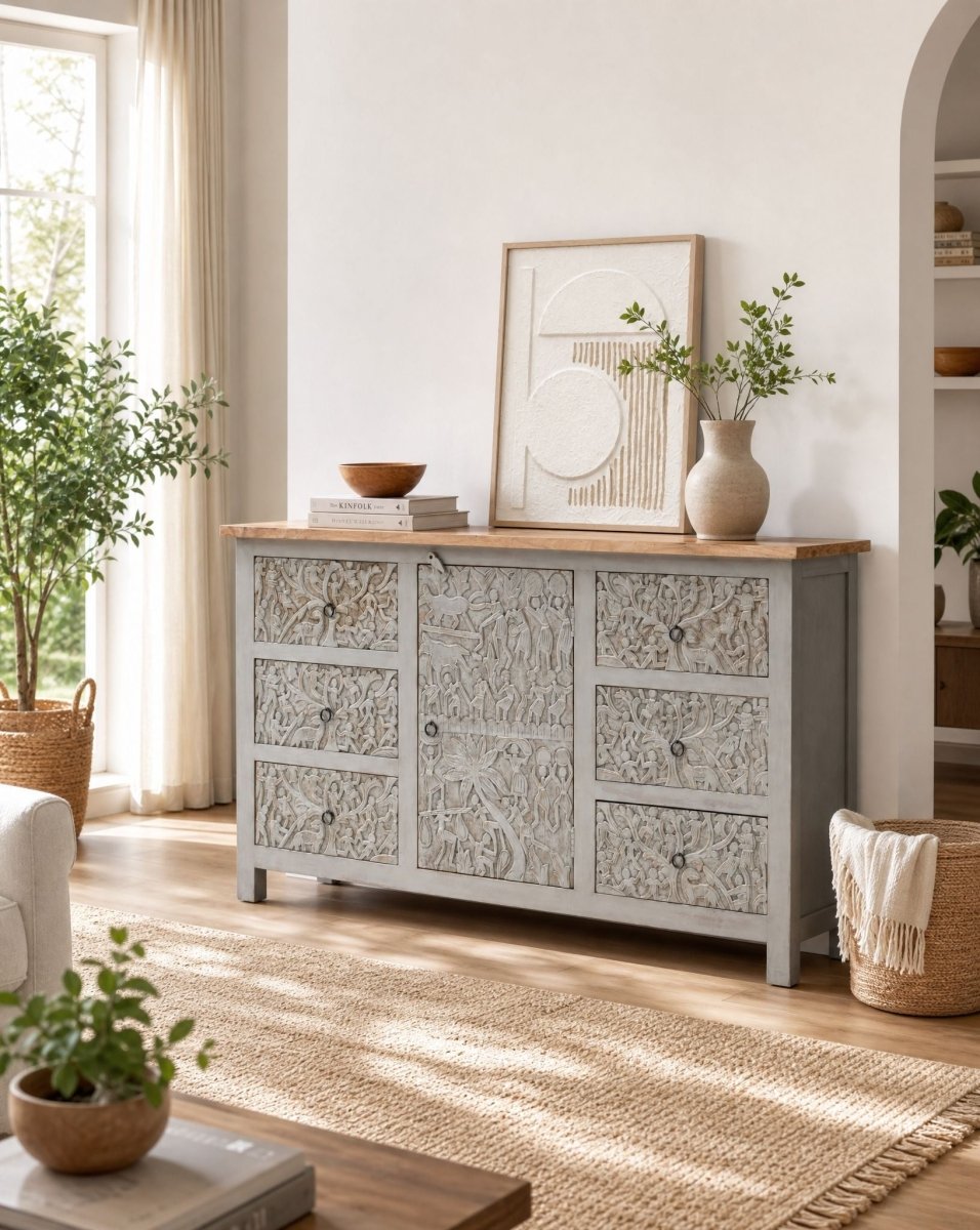 Carving Six Drawer One Door Sideboard - Art and craft furniture