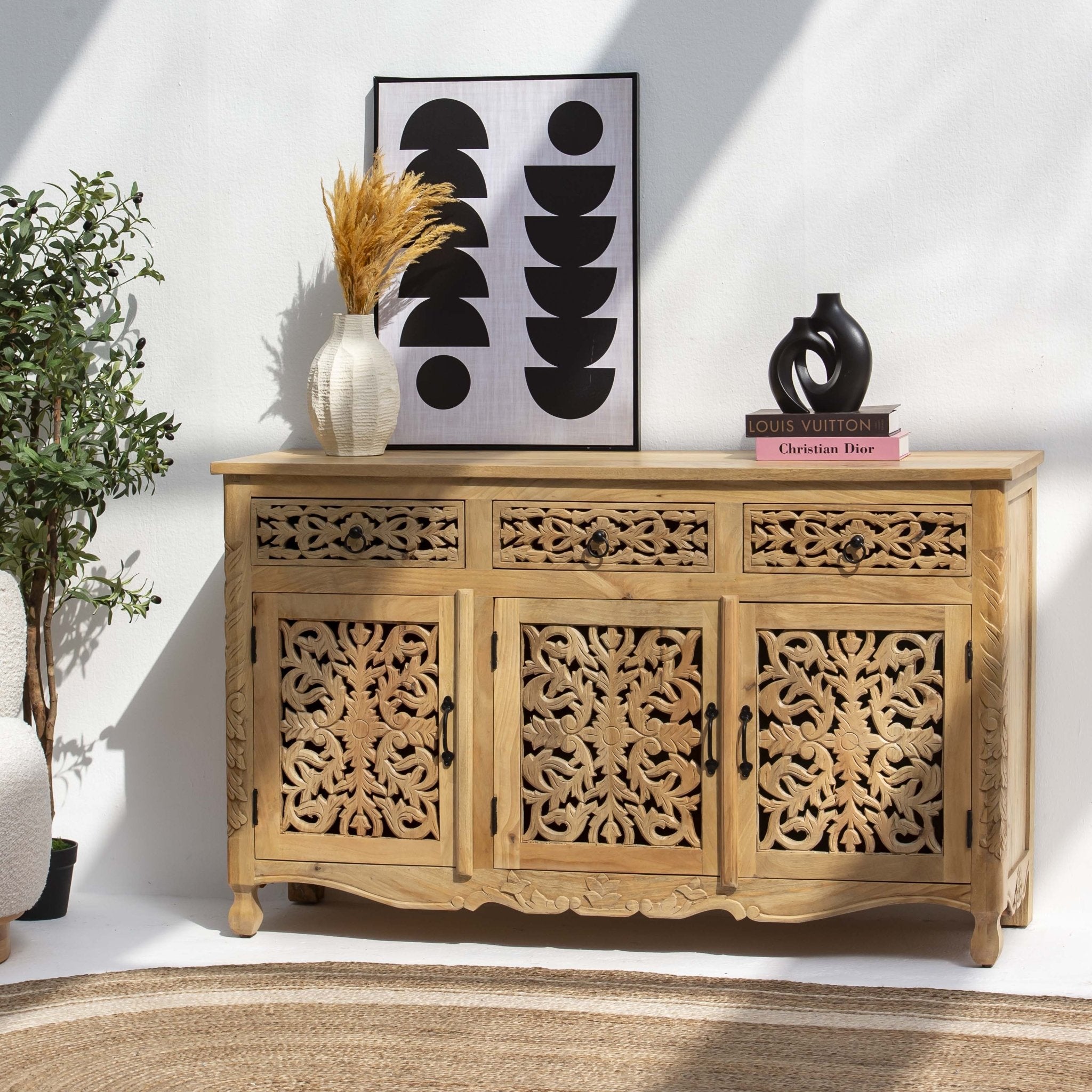 CARVING WOODEN THREE DRAWER THREE DOOR SIDEBOARD - Art and craft furniture