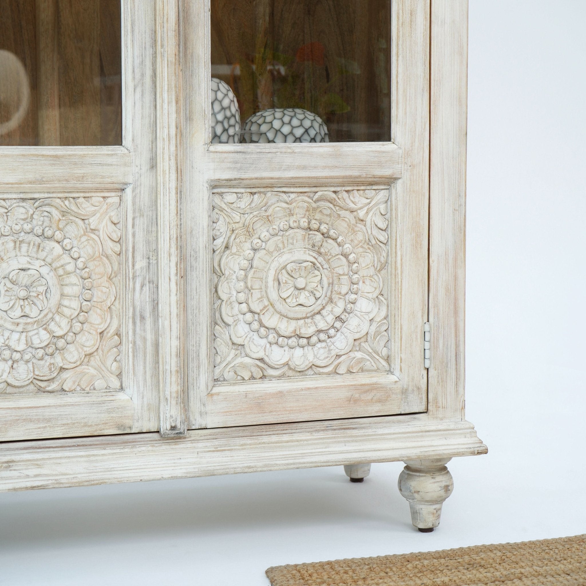 CHARM GLASS DOOR MANGO WOOD CARVED CABINET - Art and craft furniture