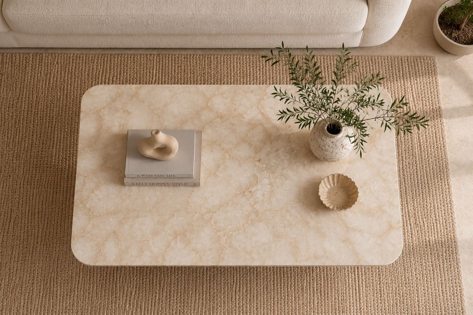 Crema Spider Coffee Table with Beige Travertine Striped Base - Art and craft furniture