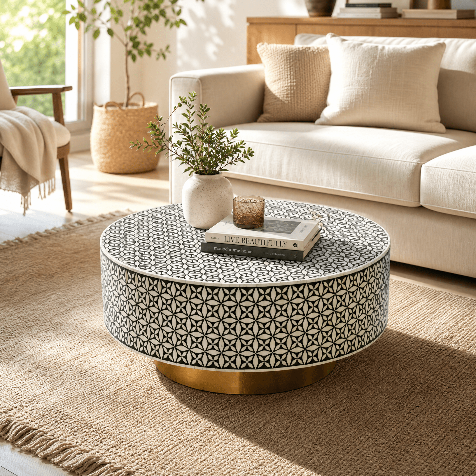 CRYSTAL BLACK INLAY BLACK ROUND COFFEE TABLE - Art and craft furniture