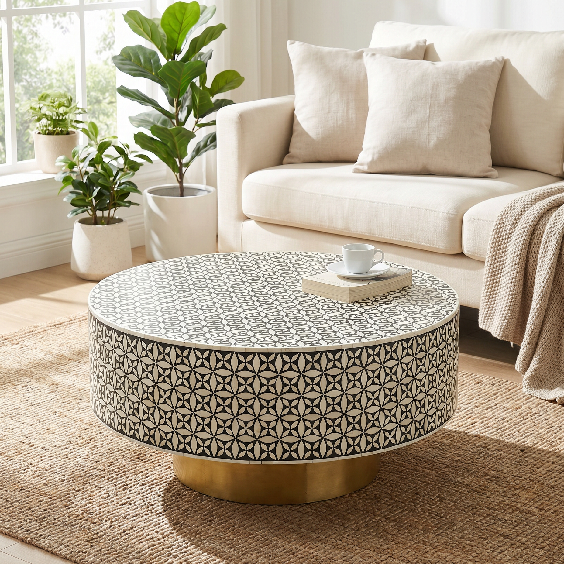 Round patterned coffee table in a living room with a couch and plants.