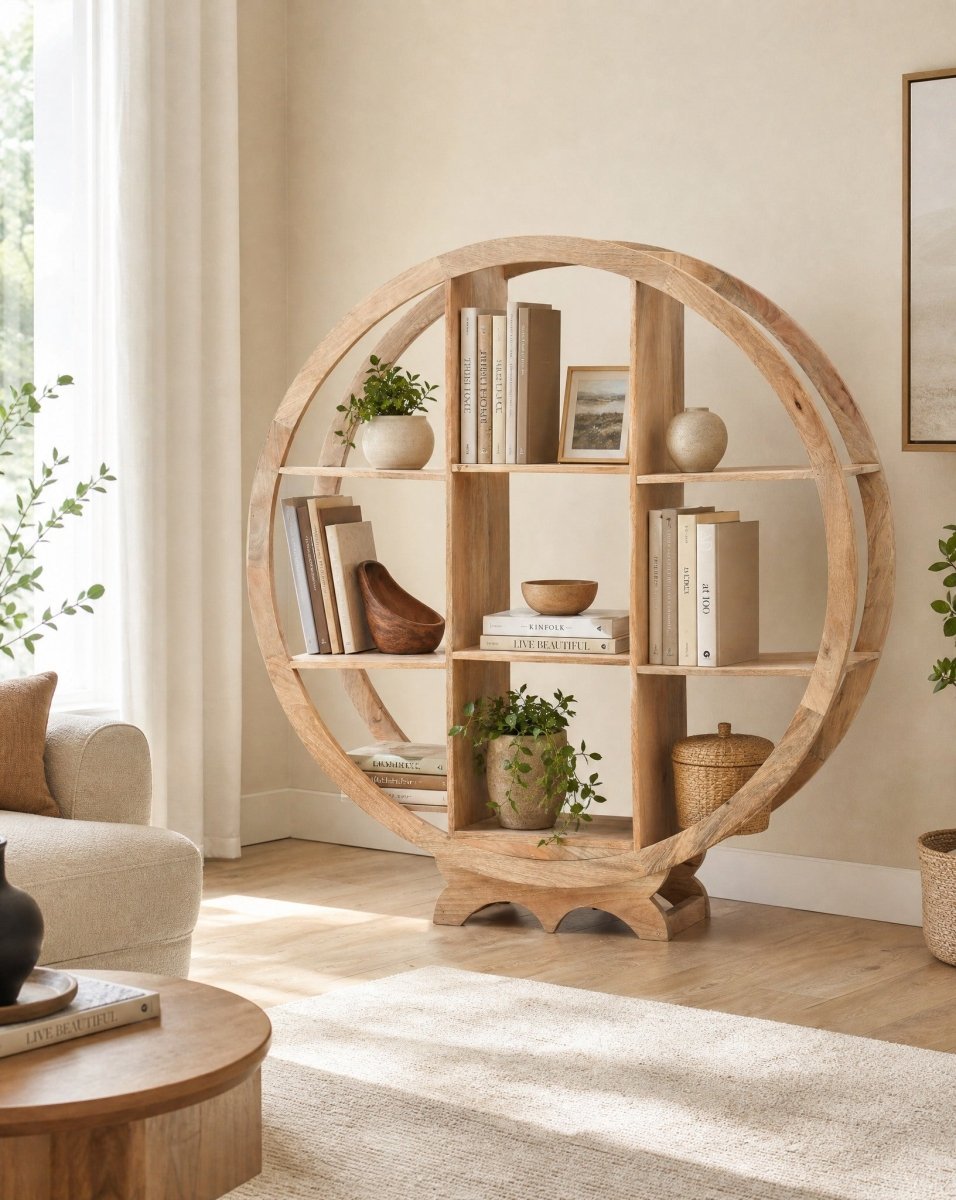 Cyra Wooden Round Open Bookshelf - Art and craft furniture