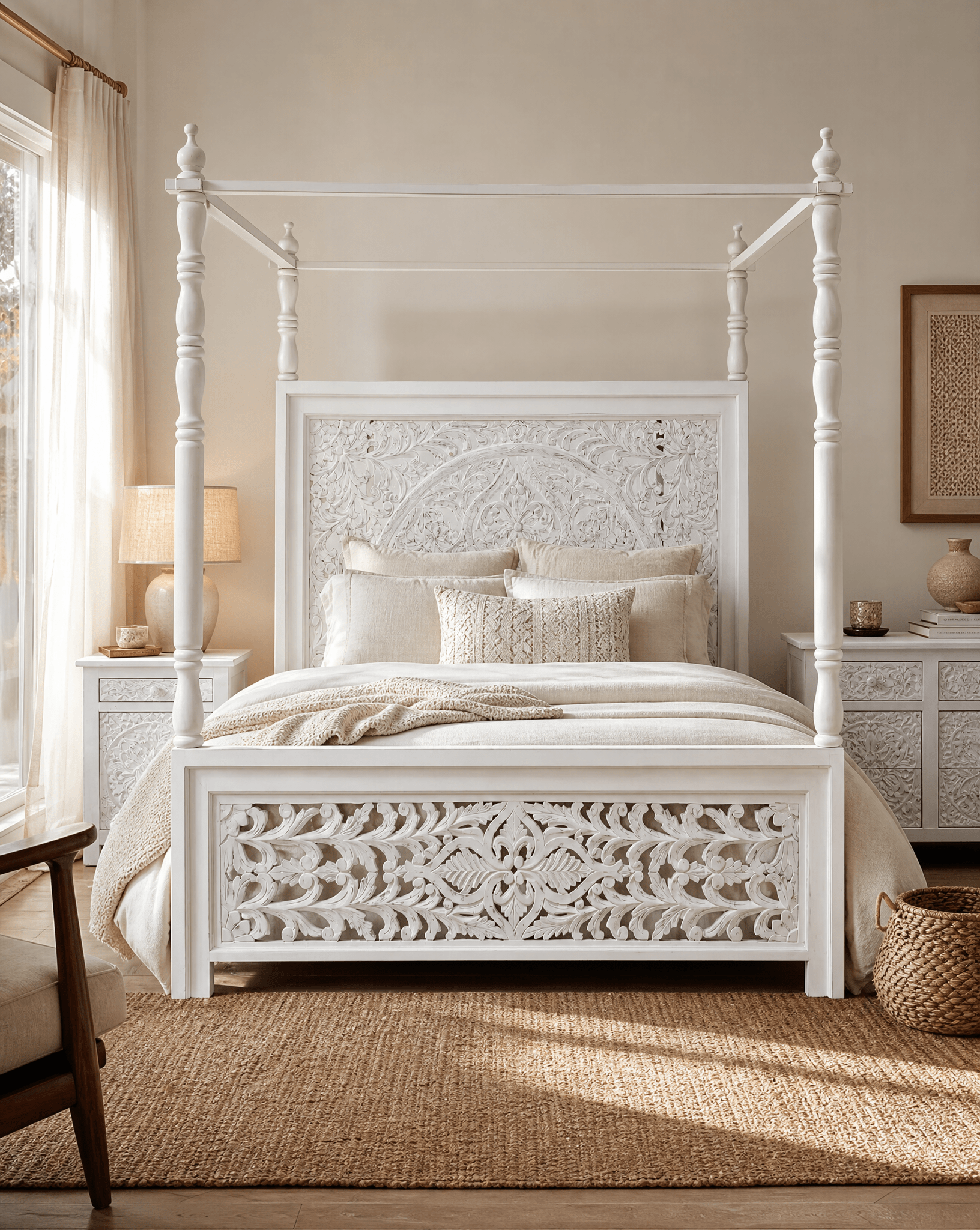 DABORA CARVING FOUR POSTER MANGO WOOD BED - Art and craft furniture