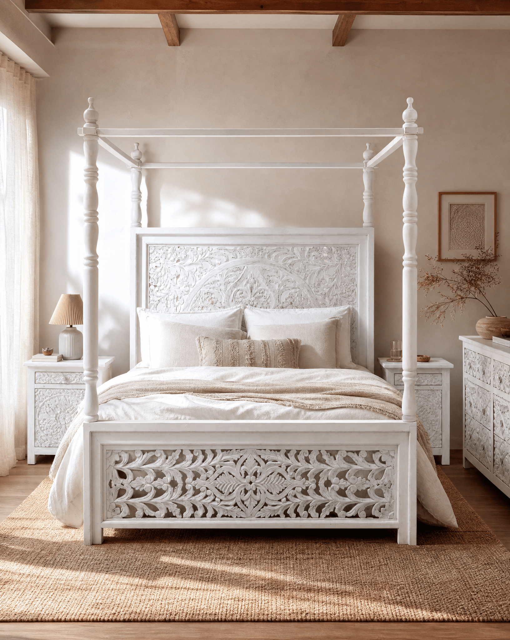 DABORA CARVING FOUR POSTER MANGO WOOD BED - Art and craft furniture