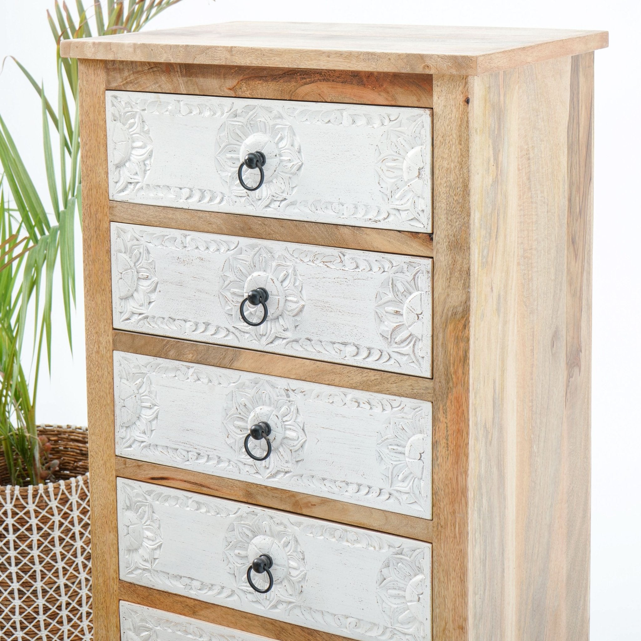 DARWIN SIX DRAWER CARVED CHEST OF DRAWERS - Art and craft furniture