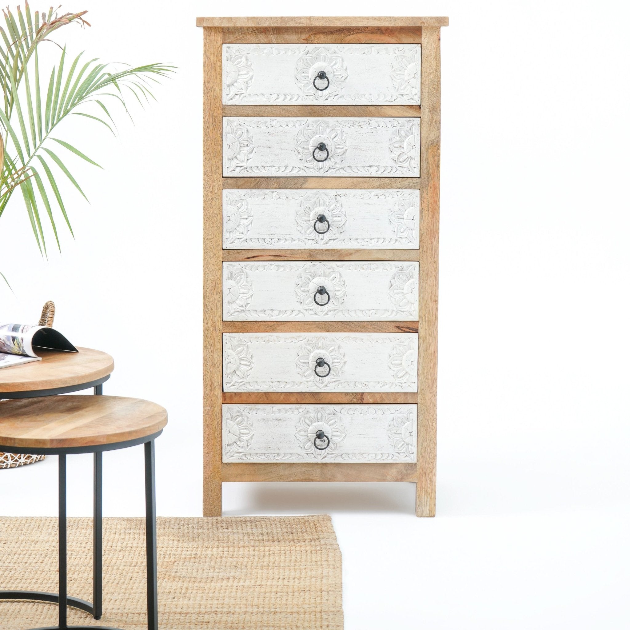DARWIN SIX DRAWER CARVED CHEST OF DRAWERS - Art and craft furniture