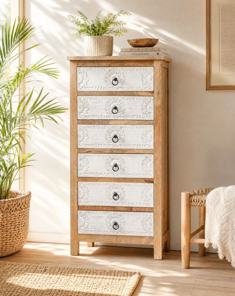 Darwin Wooden Carved Chest of Drawer - Art and craft furniture