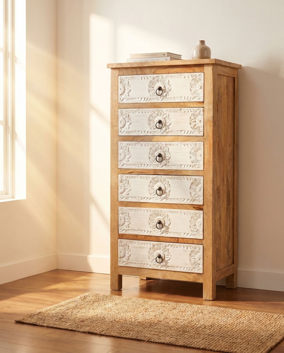 Darwin Wooden Carved Chest of Drawer - Art and craft furniture