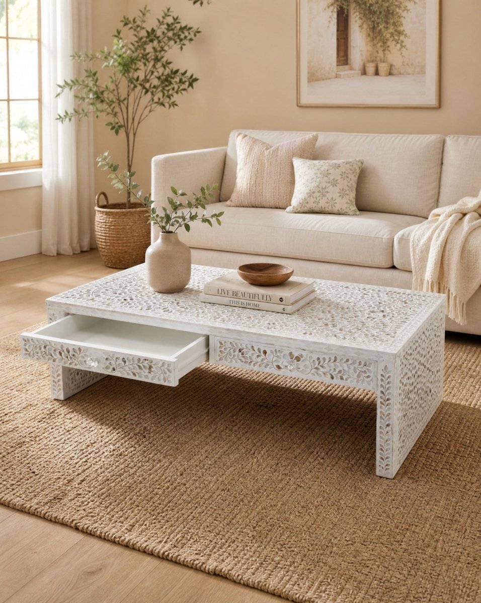 Ellison White Mother Of Pearl 2 Drawer Coffee Table - Art and craft furniture