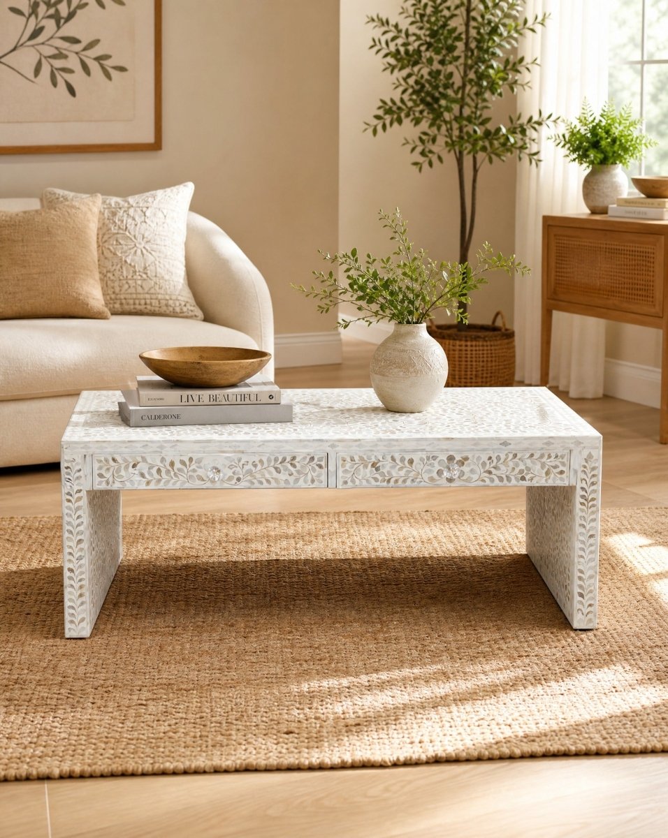 Ellison White Mother Of Pearl 2 Drawer Coffee Table - Art and craft furniture