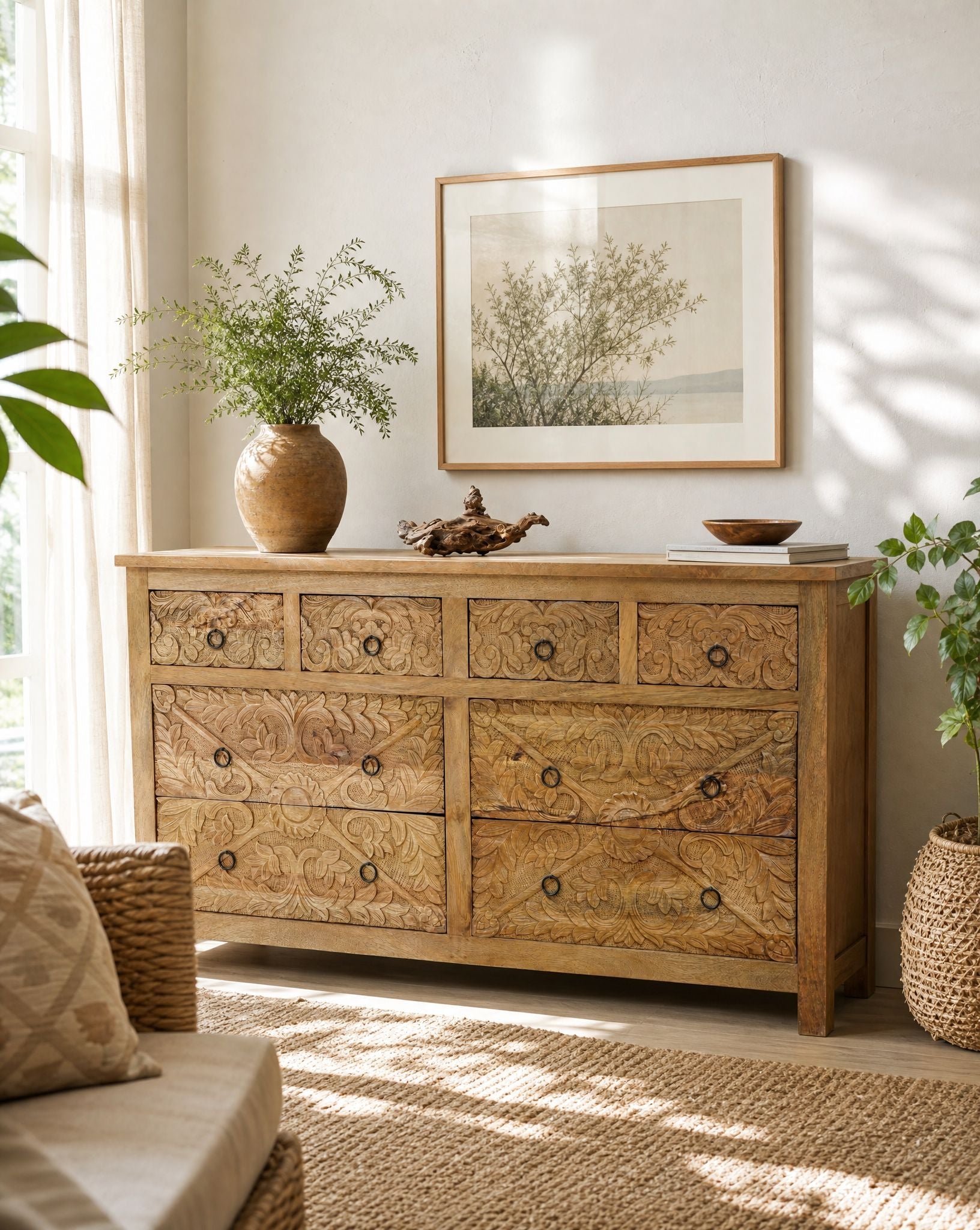 Esperance Mango Carved Eight Drawer Chest of Drawer - Art and craft furniture