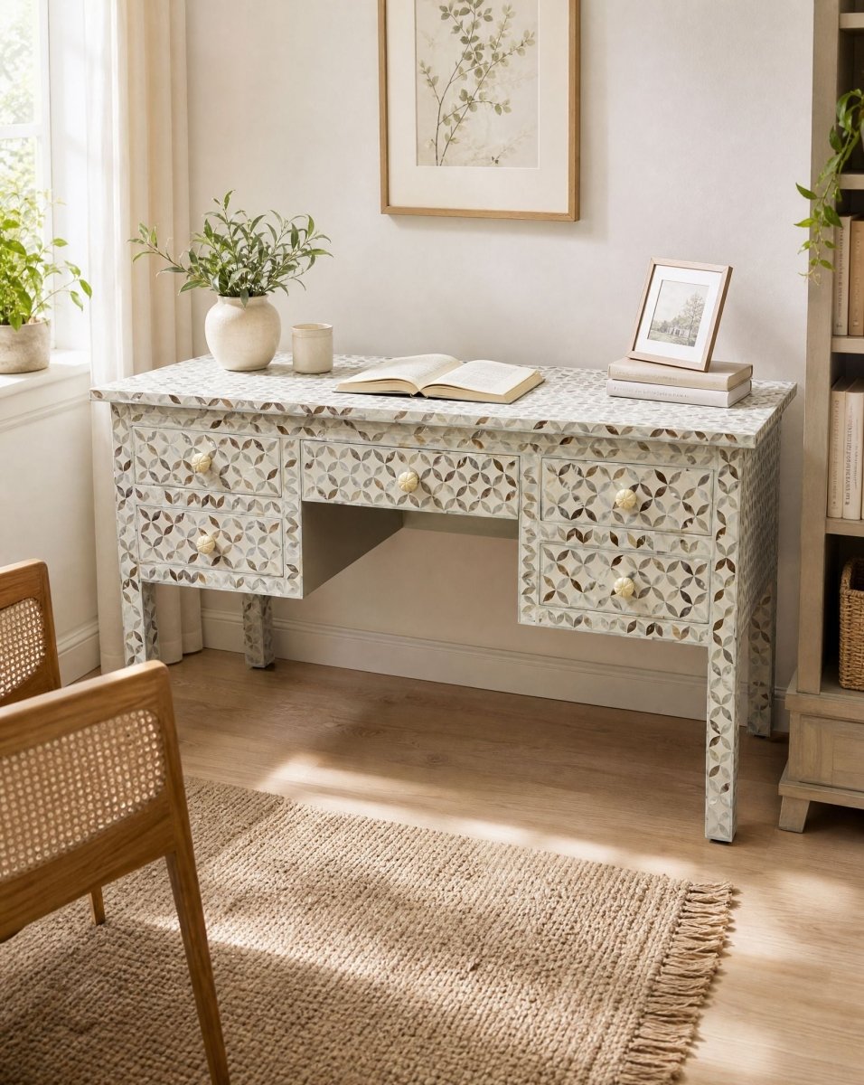 Essence Mother of Pearl White Five Drawer Desk - Art and craft furniture