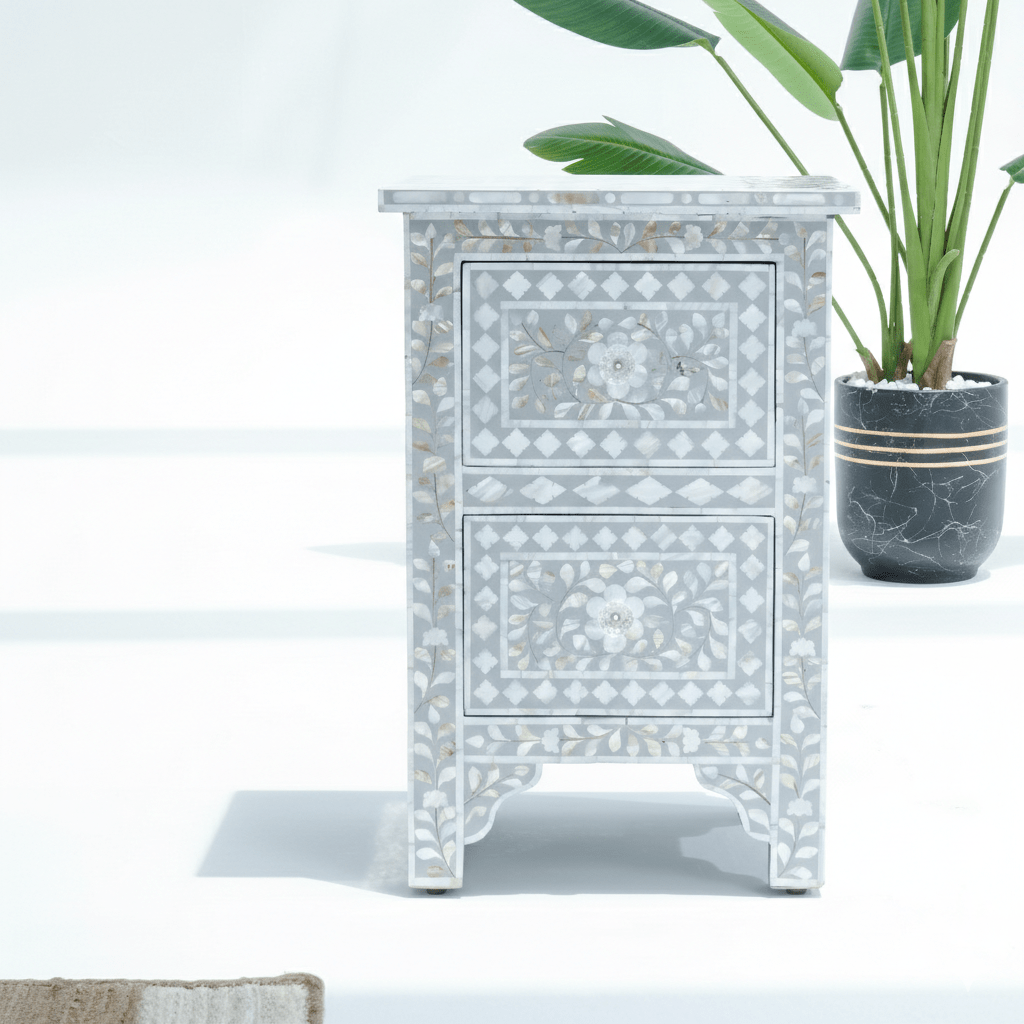 FLORAL-GREY MOTHER OF PEARL BEDSIDE TABLE - Art and craft furniture