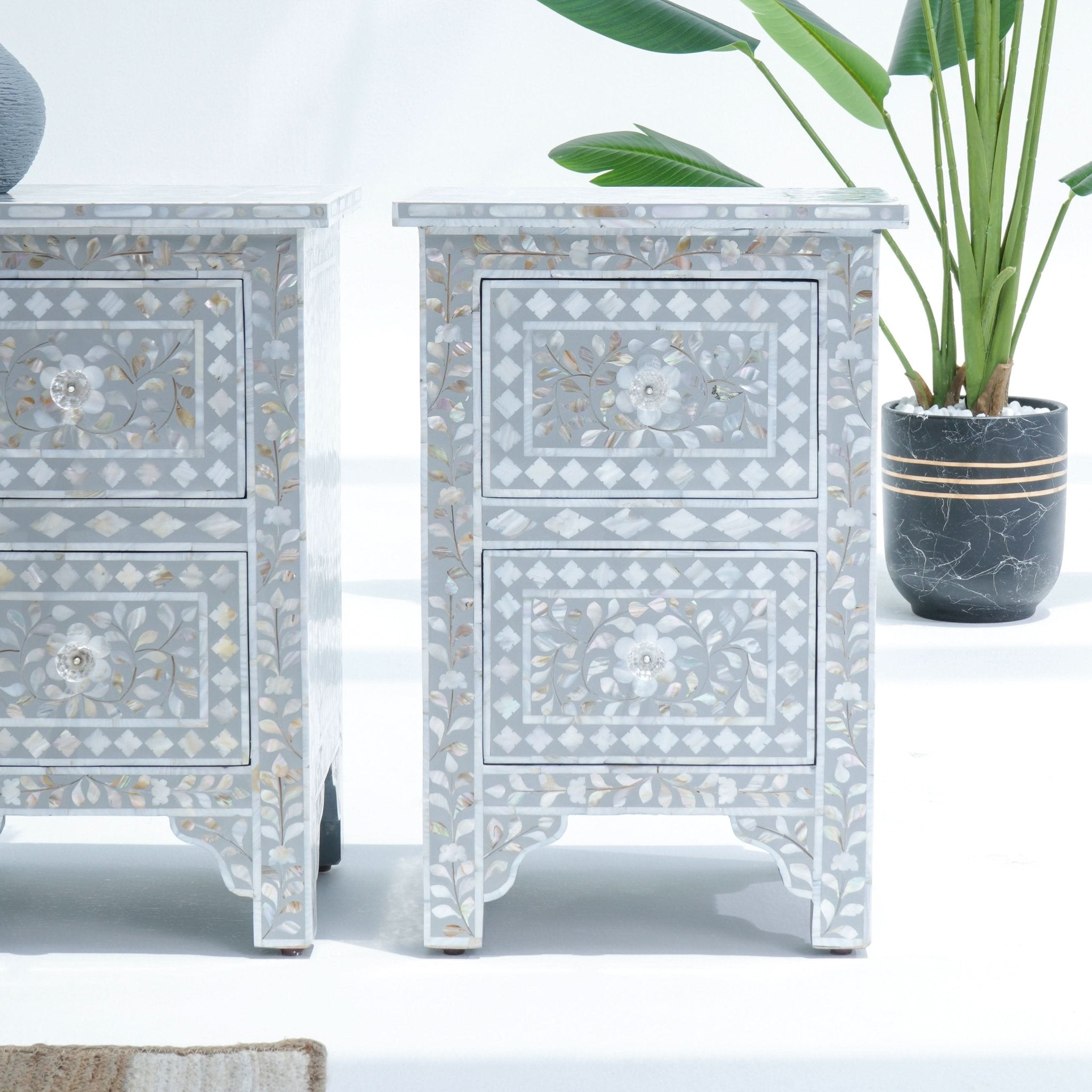 FLORAL-GREY MOTHER OF PEARL BEDSIDE TABLE - Art and craft furniture