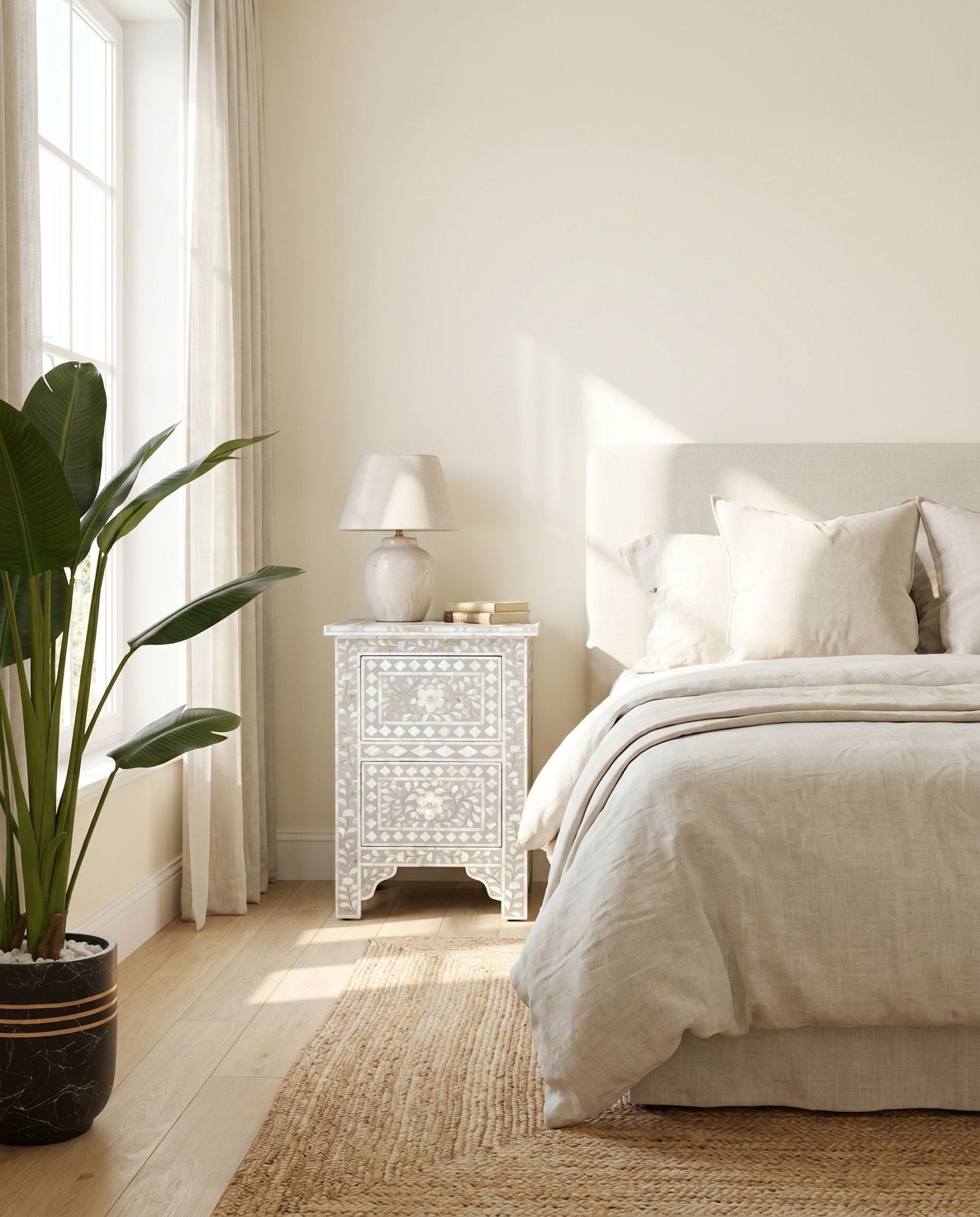Floral Grey Mother Of Pearl Bedside Table - Art and craft furniture