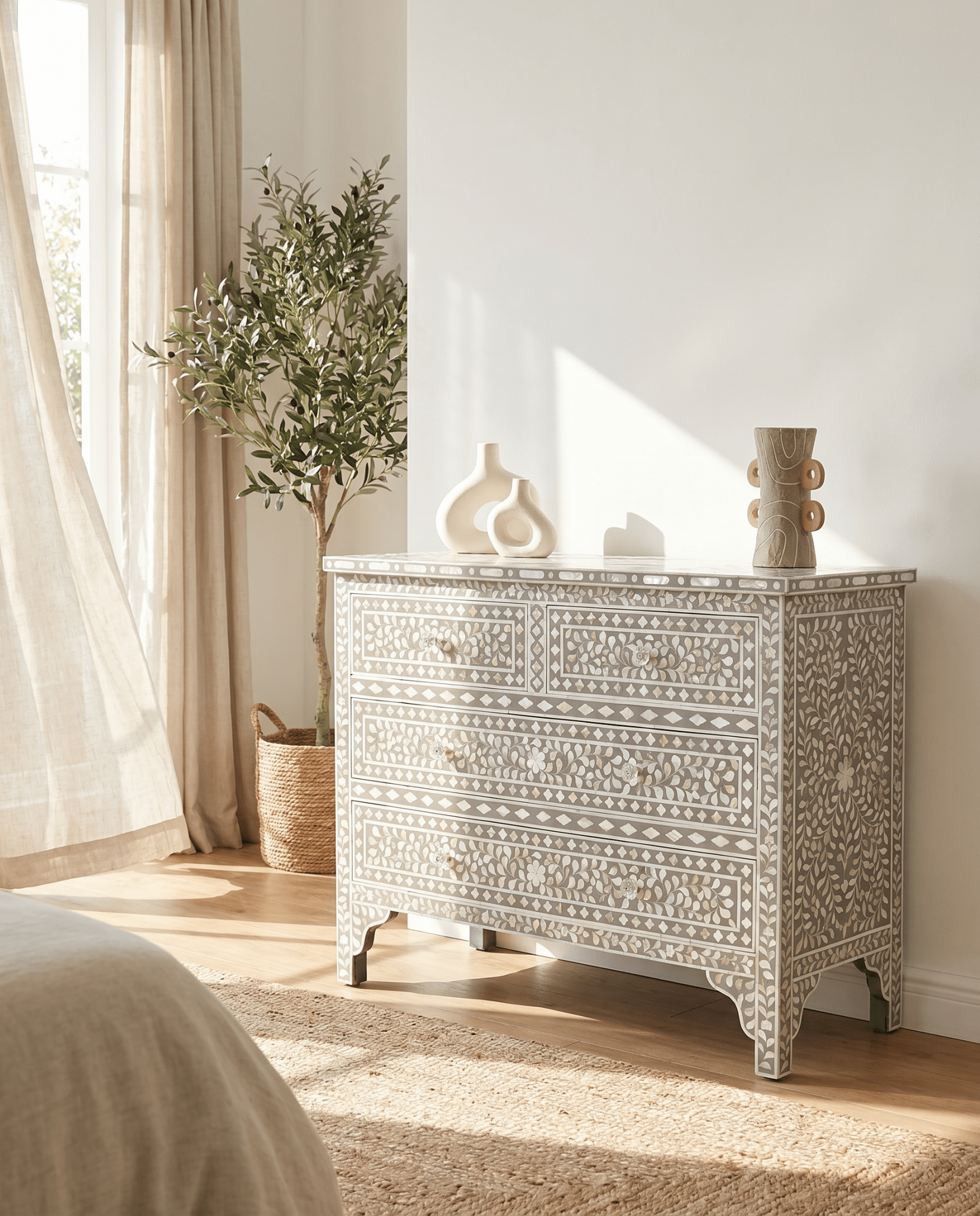 FLORAL GREY MOTHER OF PEARL CHEST OF DRAWER - Art and craft furniture