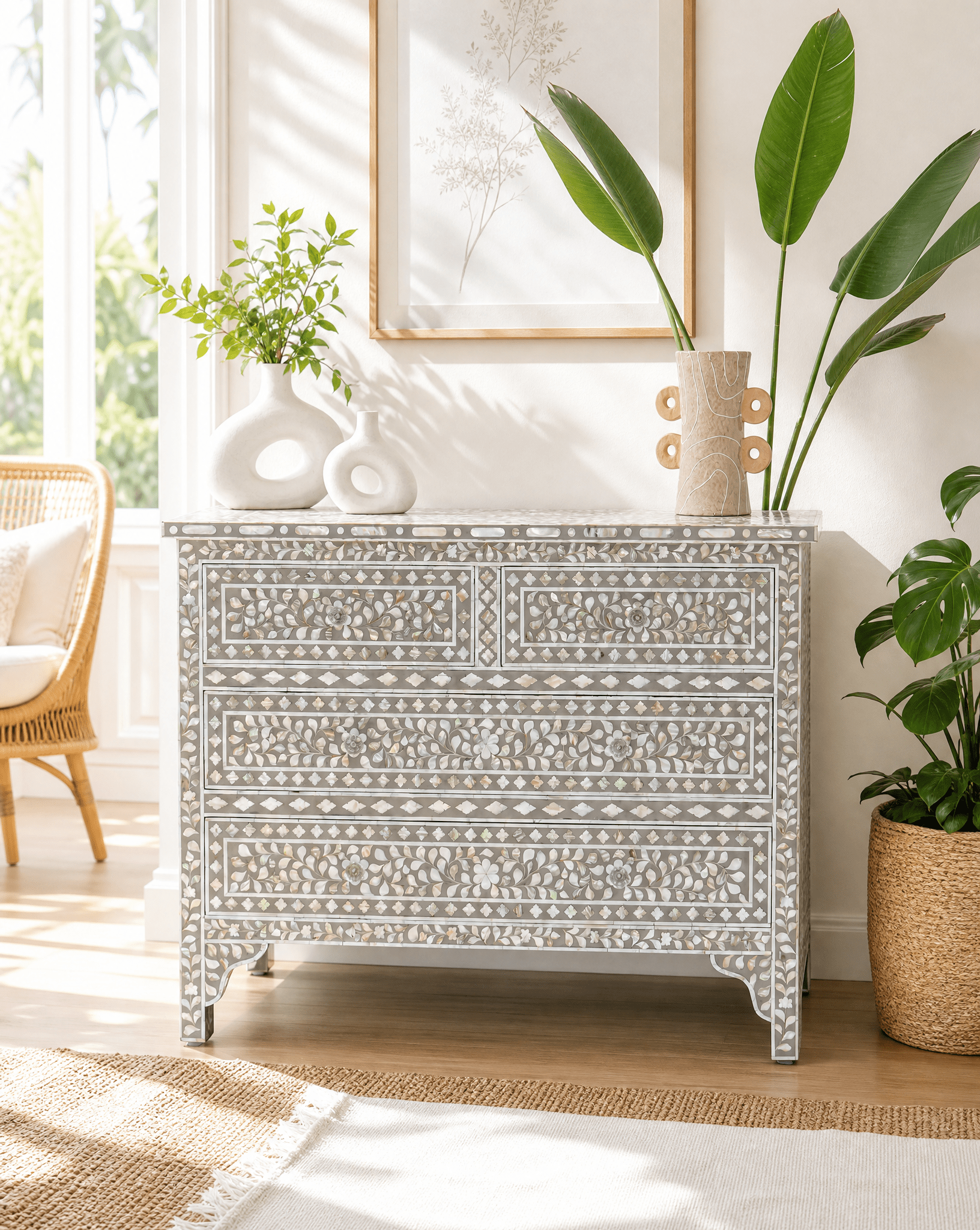 FLORAL GREY MOTHER OF PEARL CHEST OF DRAWER - Art and craft furniture