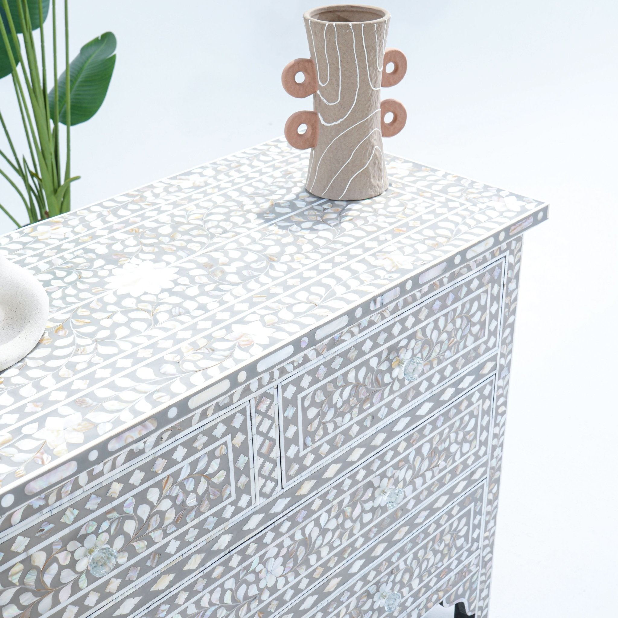 FLORAL GREY MOTHER OF PEARL CHEST OF DRAWER - Art and craft furniture